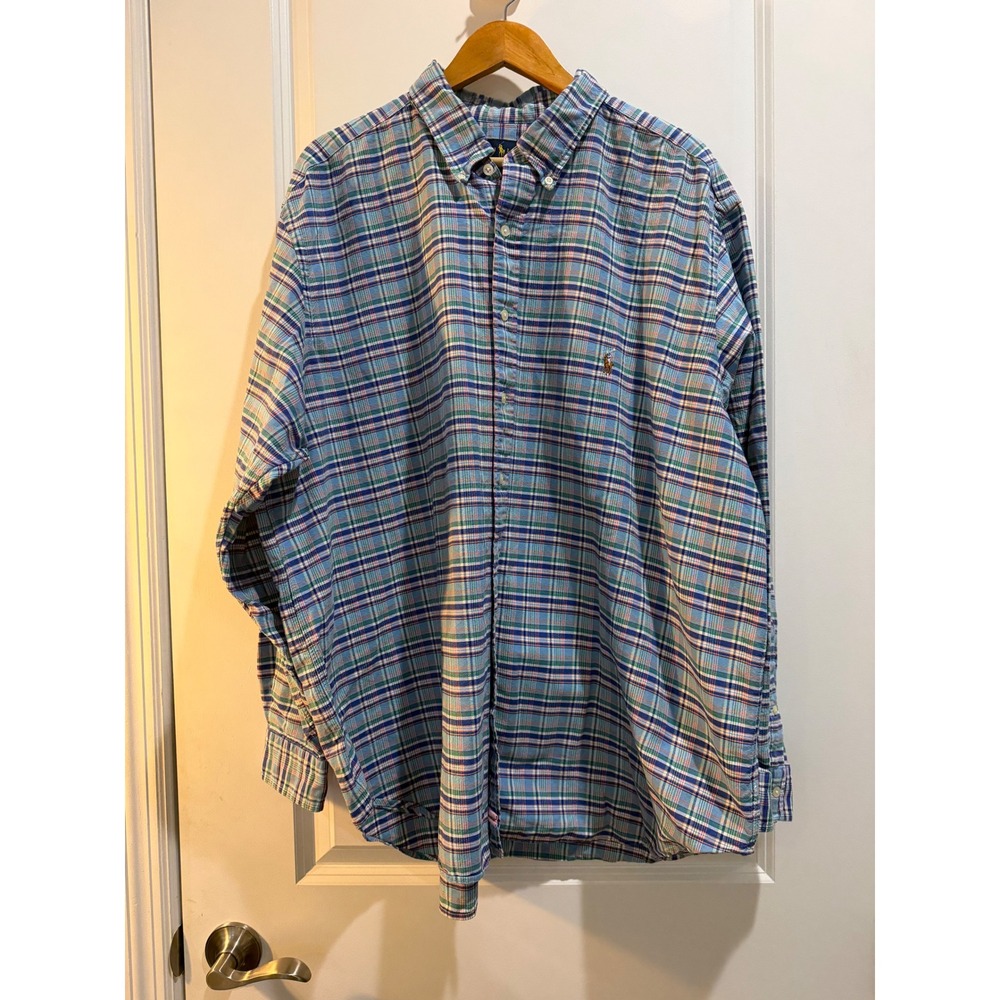 Polo Ralph Lauren Mens 2XB Big Plaid Button Down Shirt Blue Green Cotton Long Sl